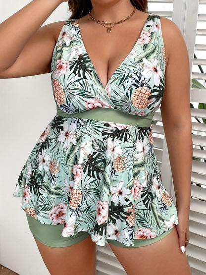 Large size women's swimsuit, green, fresh and fashionable split type Tankini swimsuit