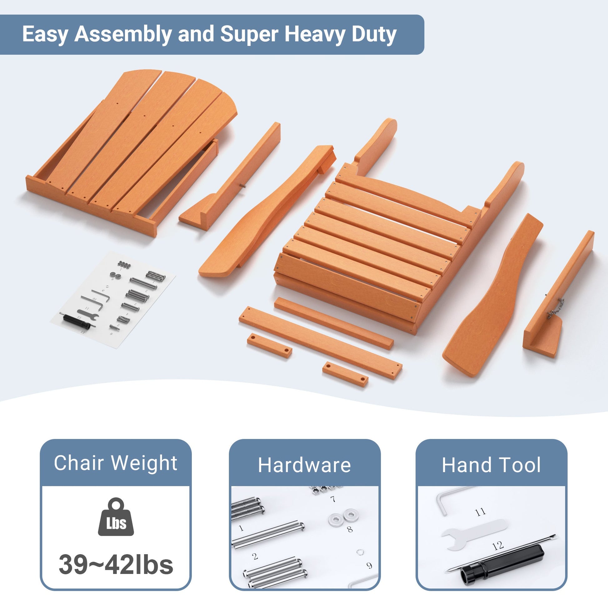 Folding Adirondack chair parts and hardware, orange wood-look panels and brackets