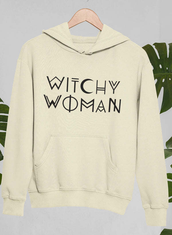 Soft cream pullover hoodie with WITCHY WOMAN typography and front pouch pocket