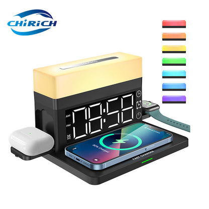Wireless charging station with black base, yellow top, watch band, and puck charger