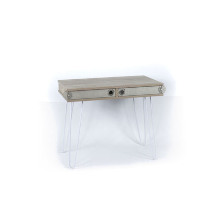 Two-tier modern desk with light wood top, metal legs, and lower shelf panel