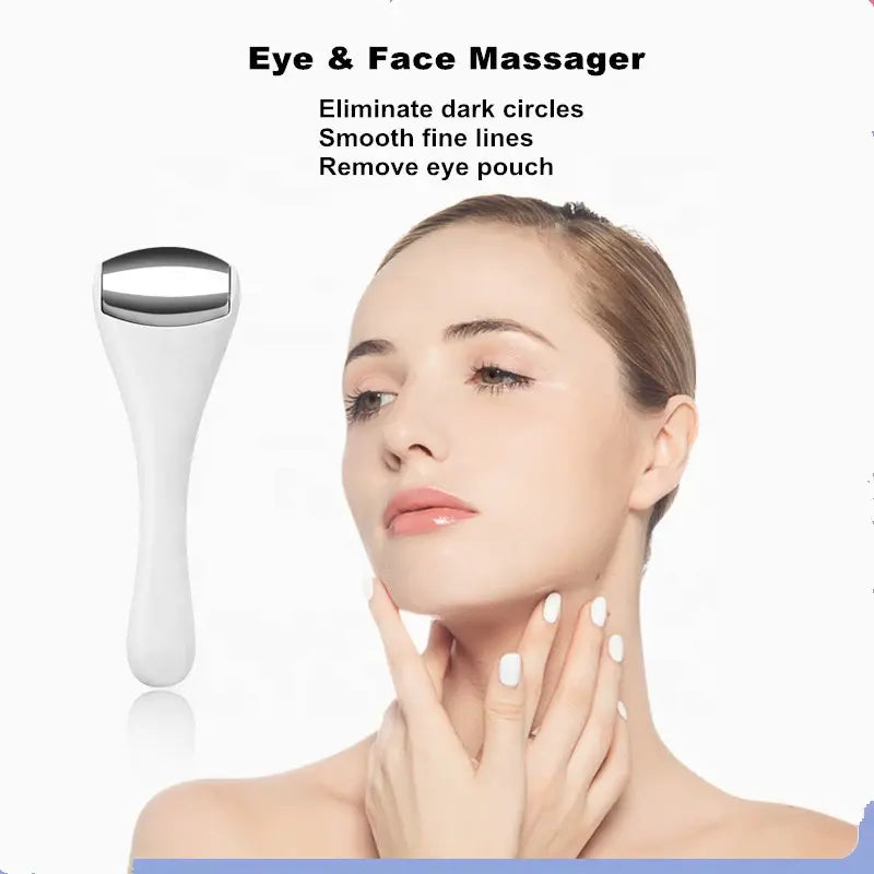Ice roller massager beside face with white handle and silver roller head