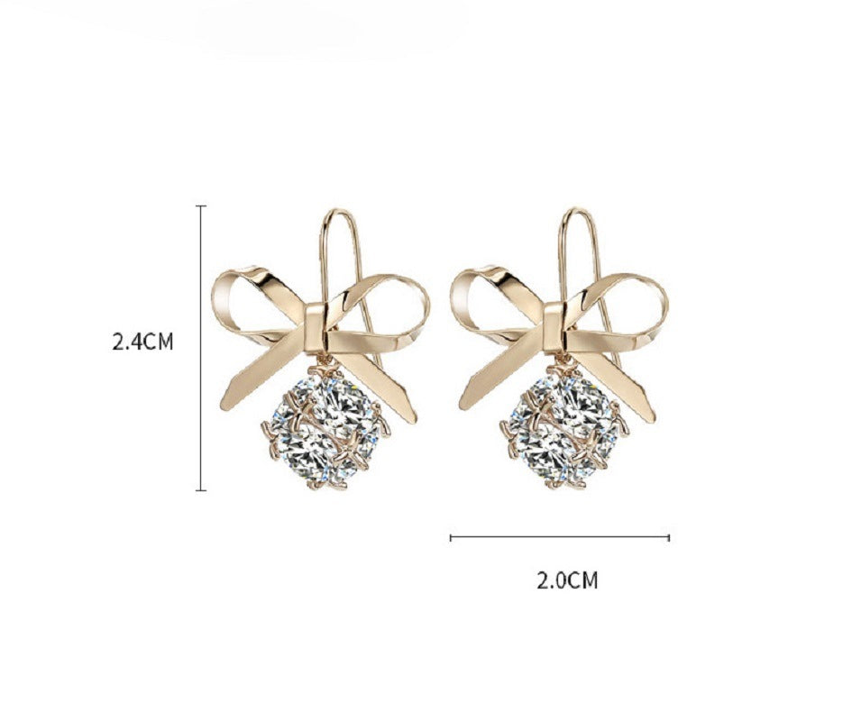 Gold-tone bow drop earrings with round zircon stones, size marks 2.4cm/2.0cm