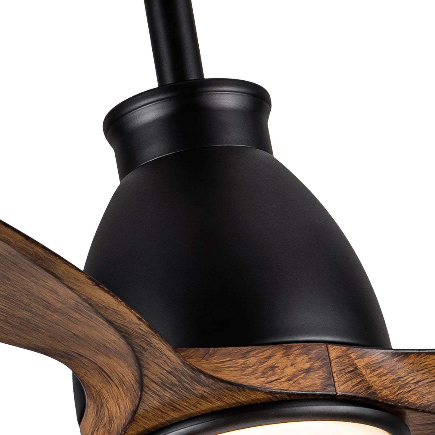Black ceiling fan motor housing with brown wood blade arm and light ring
