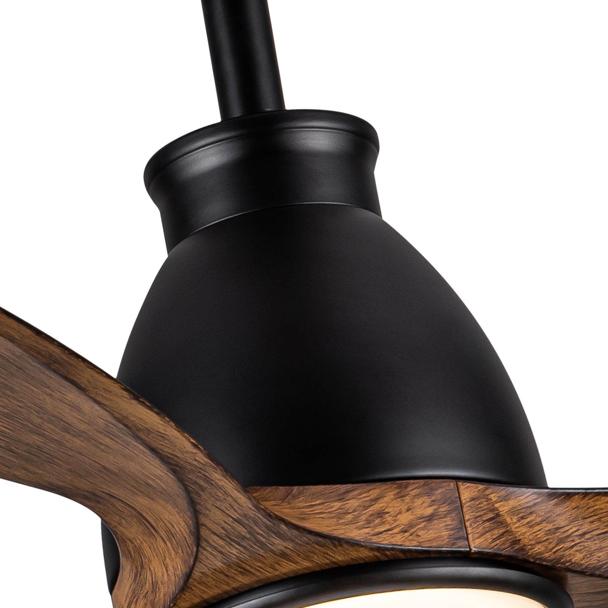 Black ceiling fan motor housing with brown wood blade arm and light ring