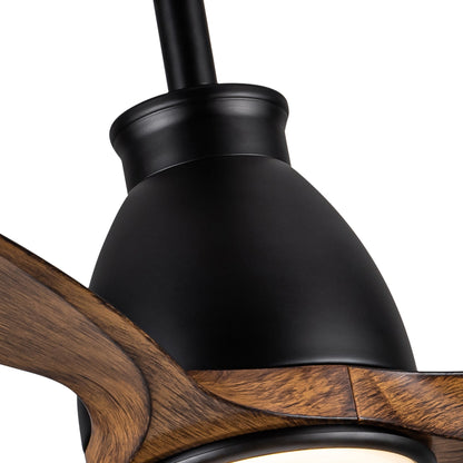 Black ceiling fan motor housing with brown wood blade arm and light ring
