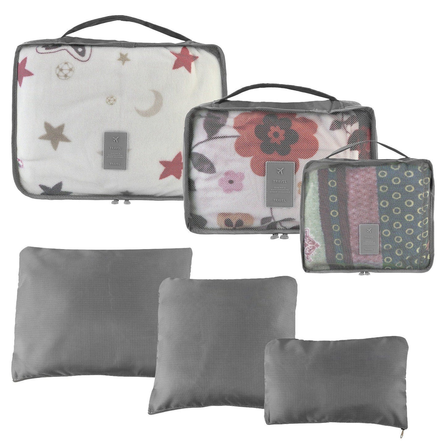 Printed packing cubes set with gray and white zip organizers and mesh pockets