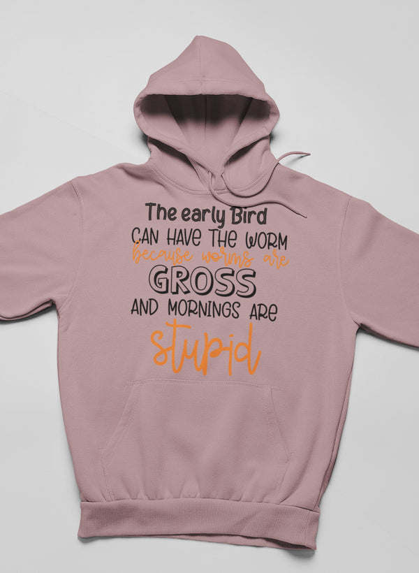 Mauve pullover hoodie with large front graphic and kangaroo pocket