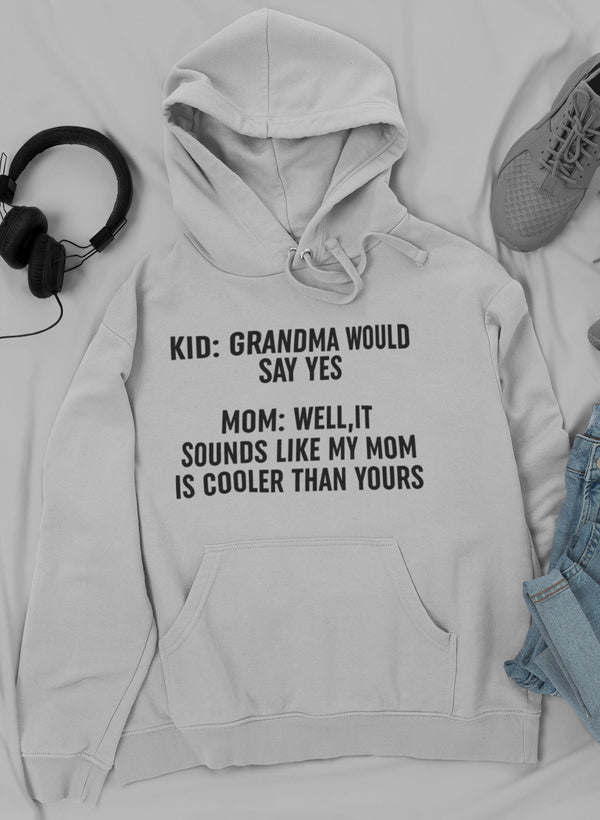 Light gray hoodie with drawstring hood and kangaroo pocket, front text print