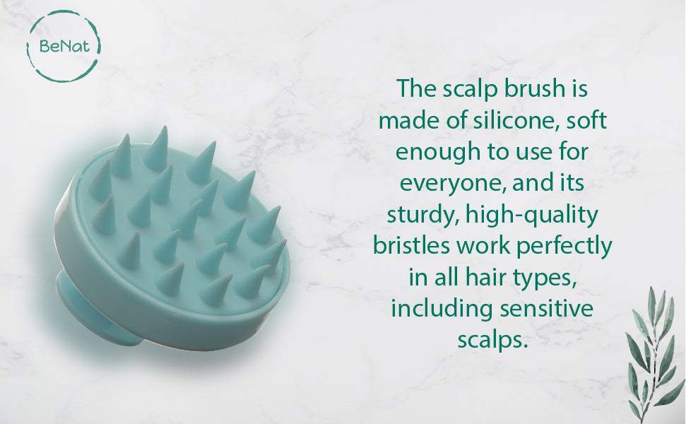 Teal silicone scalp massager brush, rounded head with soft spike bristles