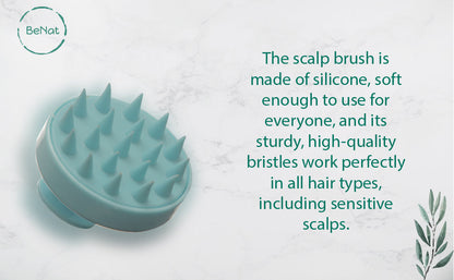 Teal silicone scalp massager brush, rounded head with soft spike bristles