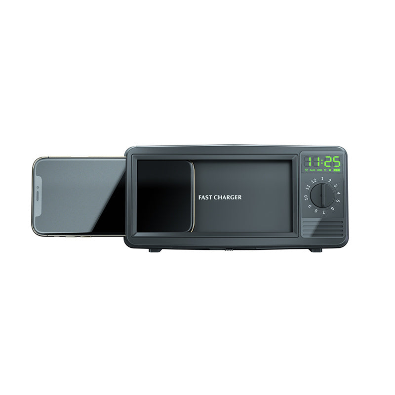 Black retro TV-style Bluetooth speaker with built-in screen and alarm time
