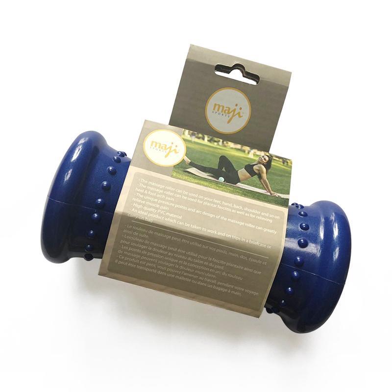 Blue foot massager roller with packaging card and raised massage nubs