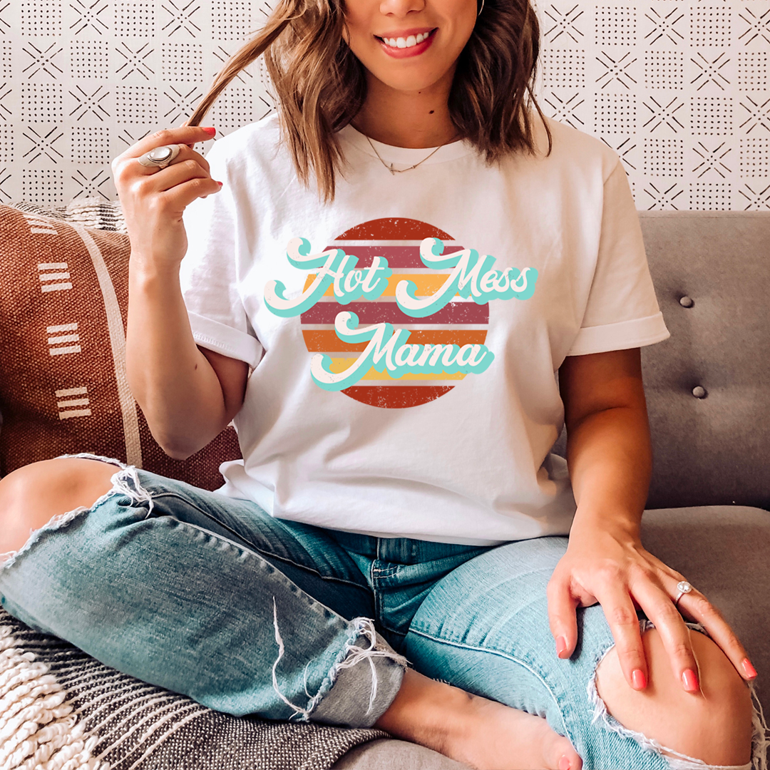White T-shirt with 'Hot Mess Mama' retro script graphic