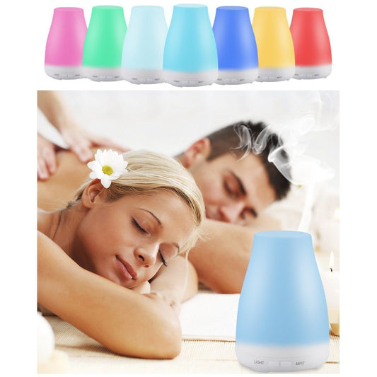 Aromatherapy-free humidifier with multicolor top caps and white base.