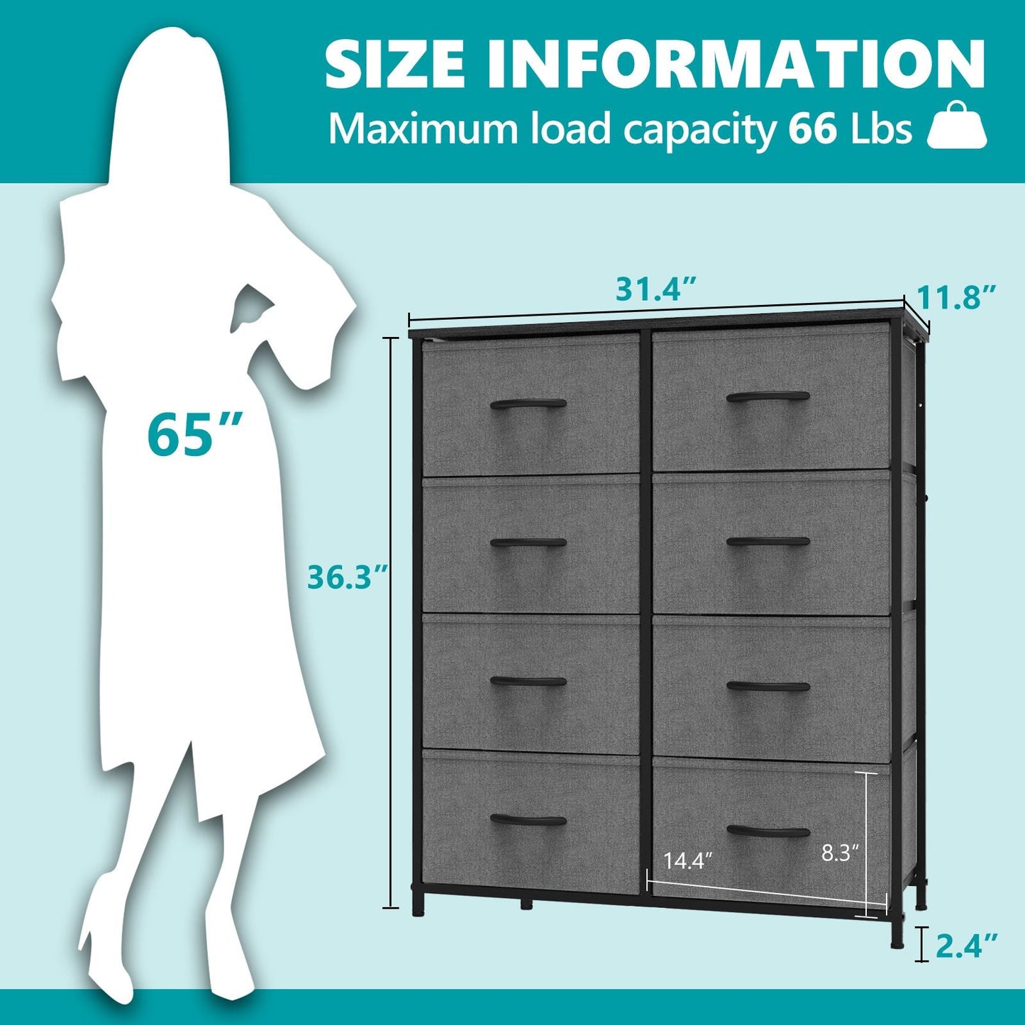 Dresser for Bedroom with 8 Drawers Tall Dresser & Chest of Drawers Fabric Dresser with Wood Top and Sturdy Steel Frame