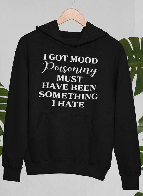 Black pullover hoodie with hood and kangaroo pocket; 'Poisoning' front text.