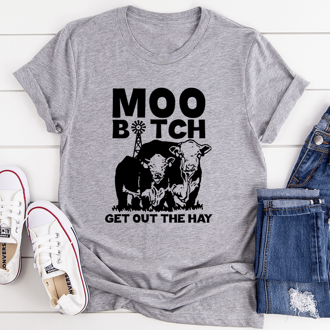Heather gray T-shirt with black cow graphic and 'GET OUT THE HAY' text.