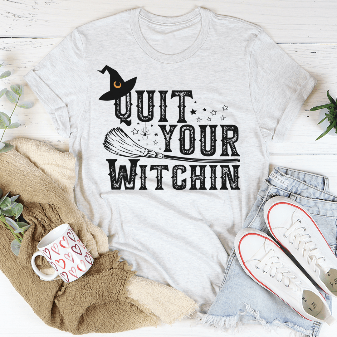 Light gray crewneck T-shirt with black witch illustration and bold central text