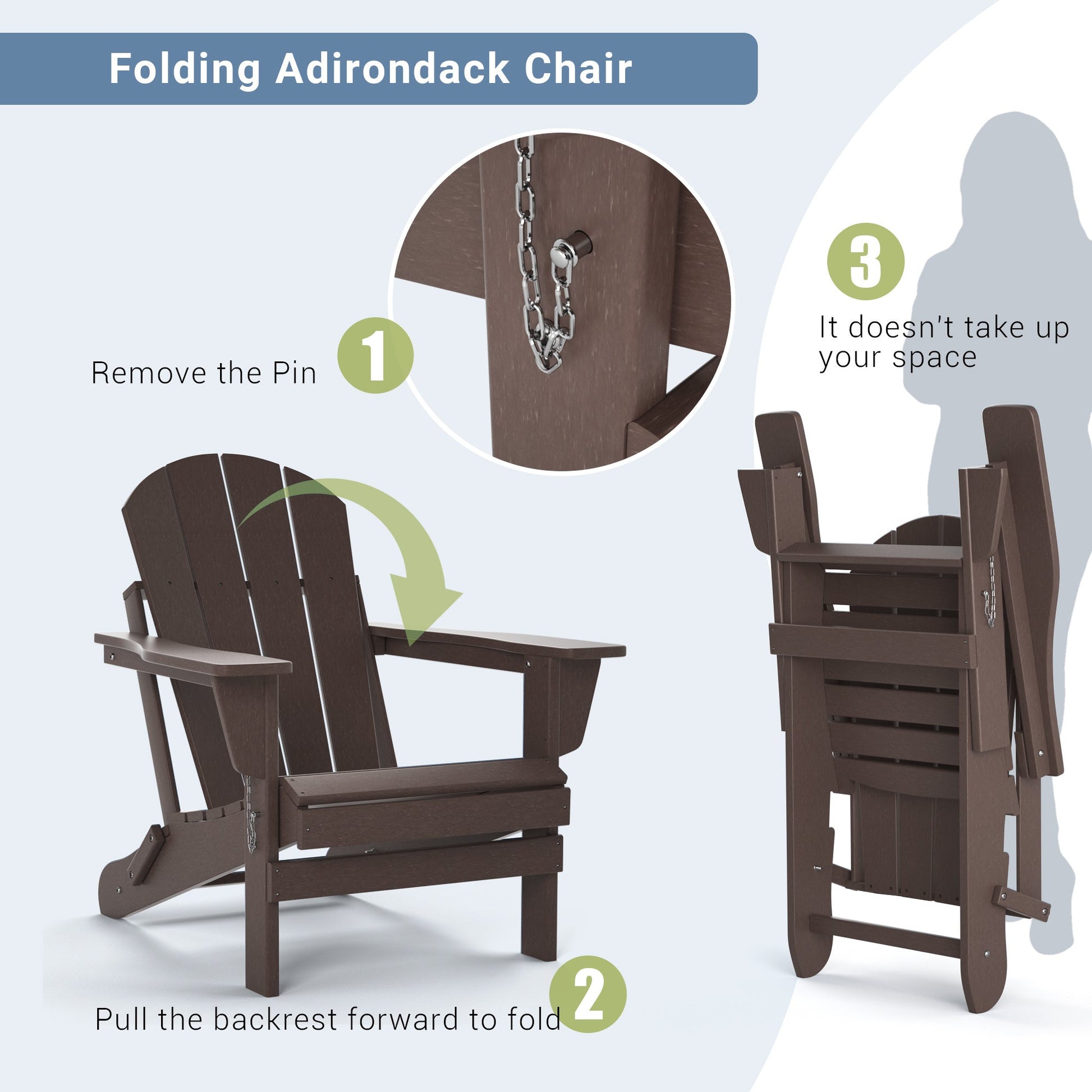 Folding adirondack chair, dark brown, shown in folded and unfolded views
