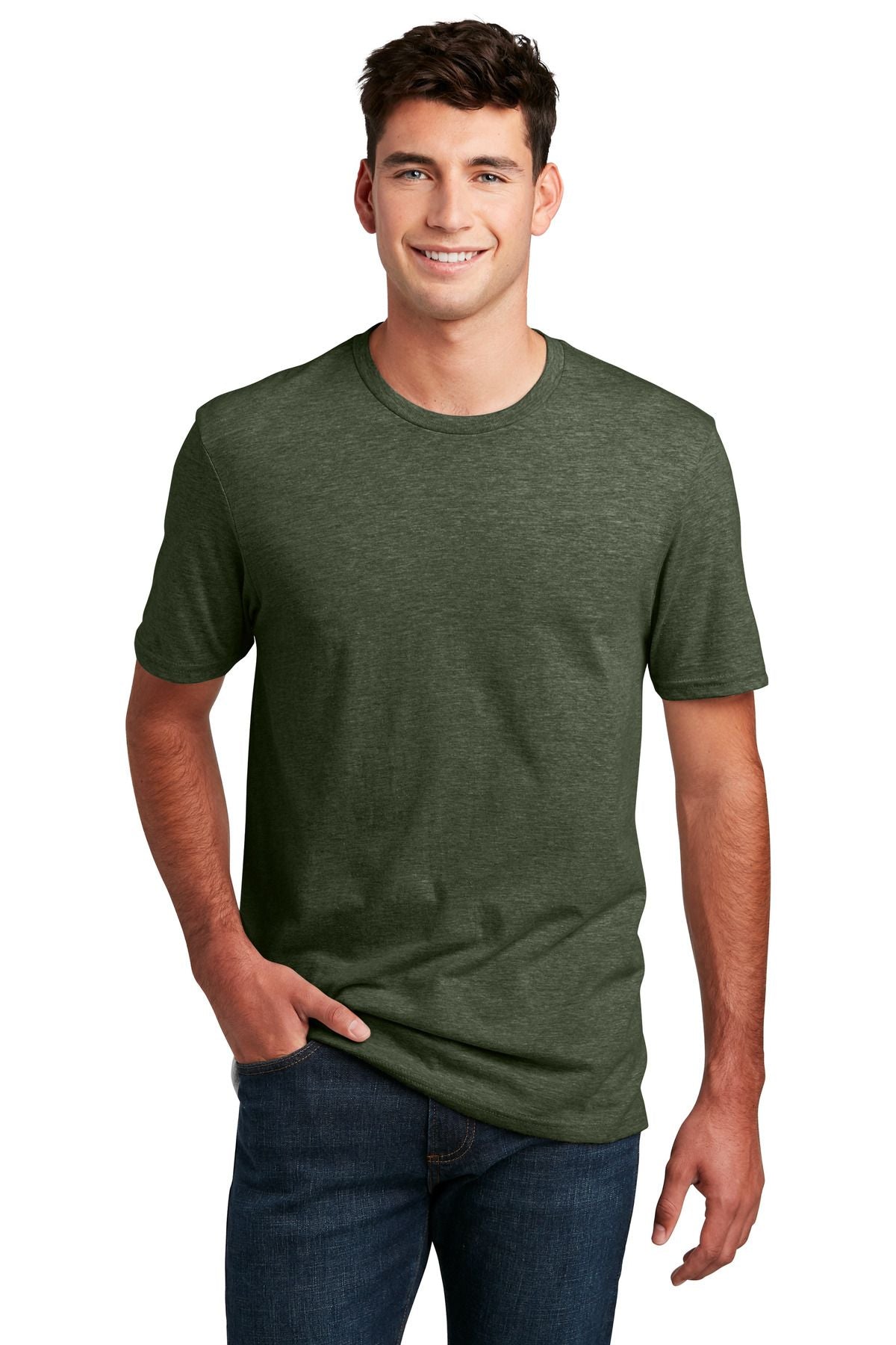 Heathered crewneck CVC tee in heathered green, short sleeves, straight hem.