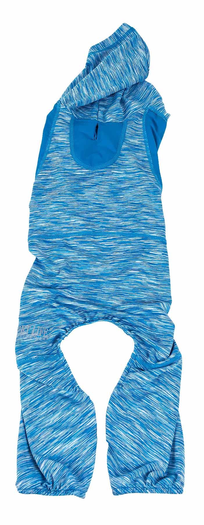 Blue two-tone heathered full body warm-up hoodie with hood and paw openings