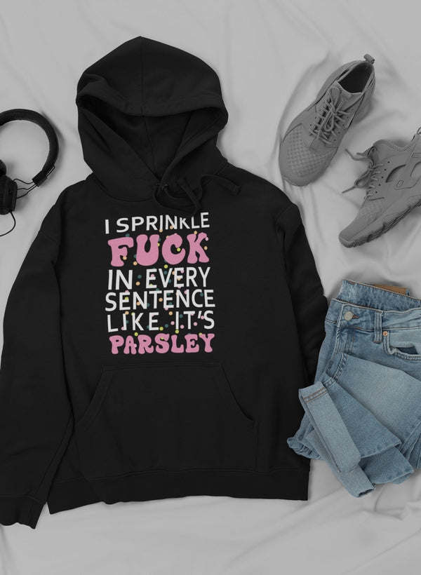 Black pullover hoodie with front graphic text print and drawstring hood