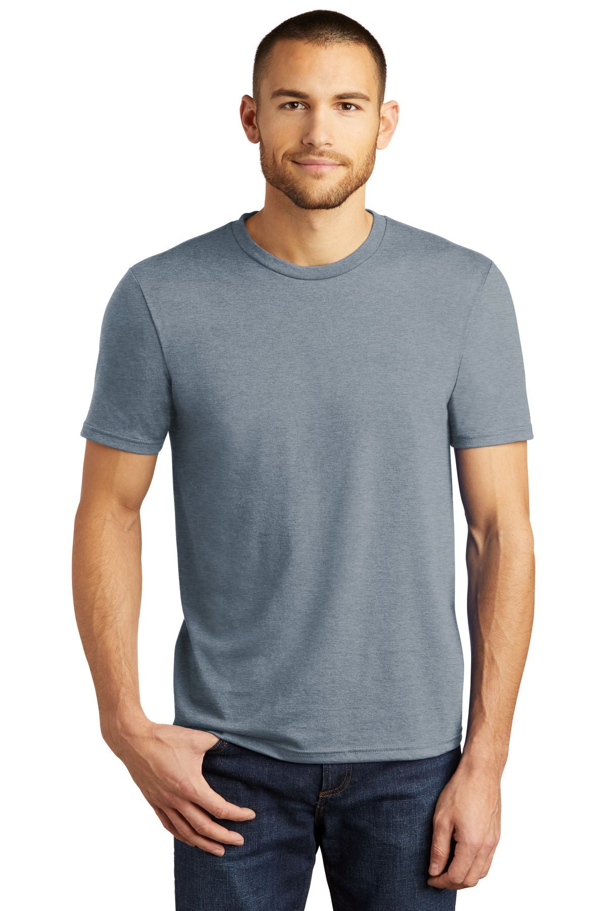 Crewneck tri-blend tee in slate blue, short sleeves, straight hem.