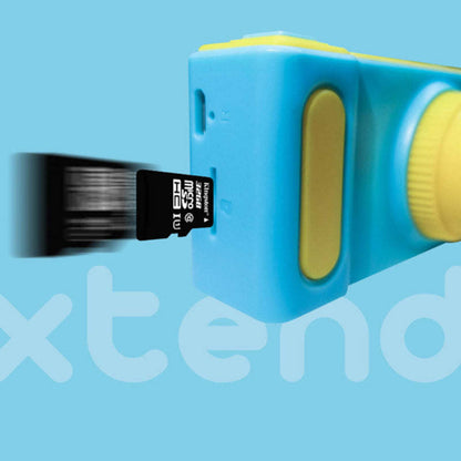 Kids mini digital video camera, blue body with side controls and front lens