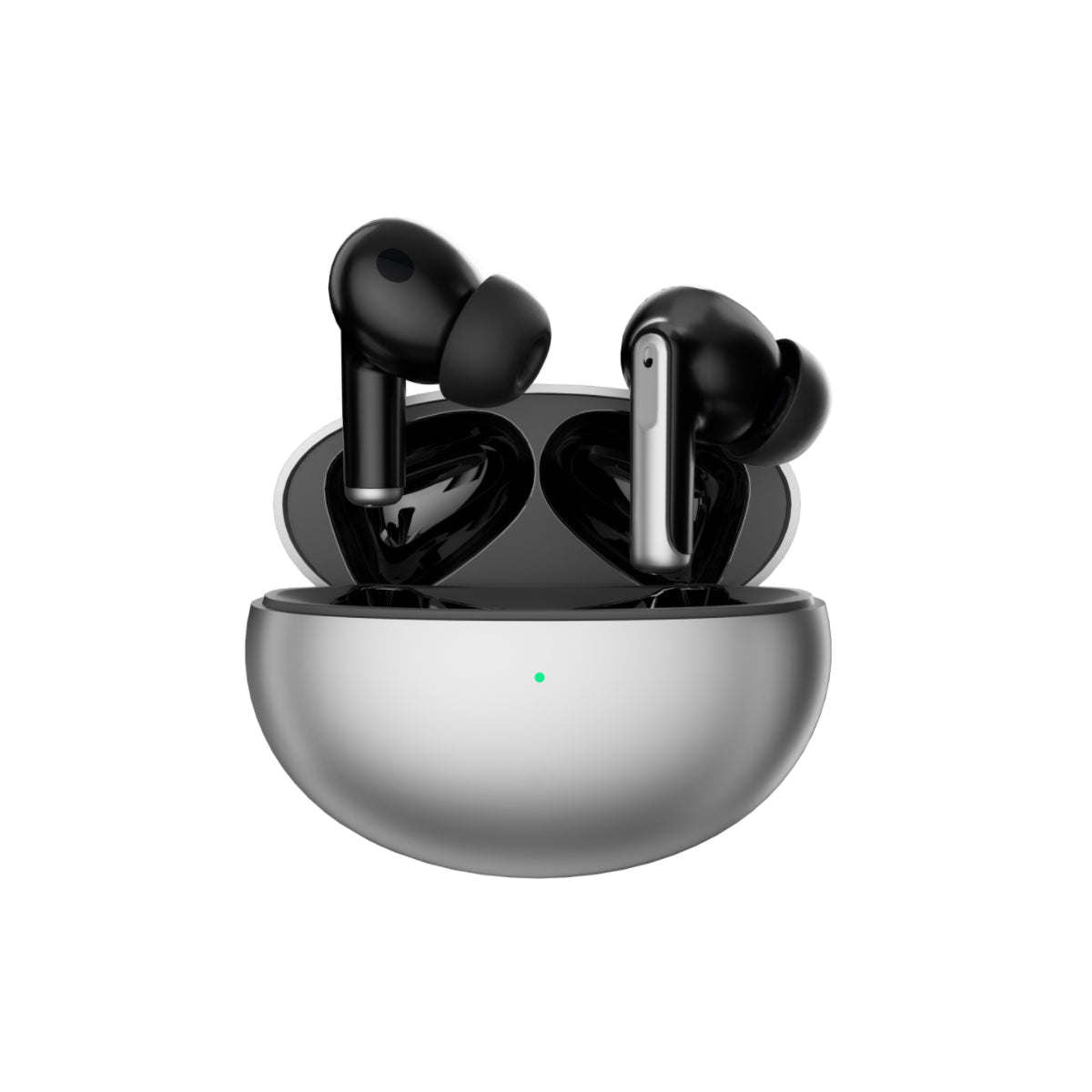 Wireless earbuds with black earbuds and a silver charging case