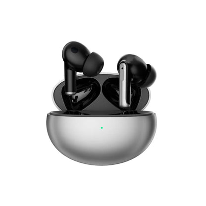Wireless earbuds with black earbuds and a silver charging case