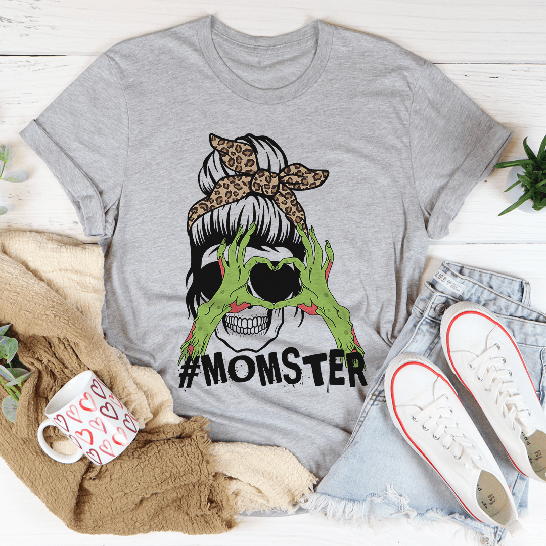 Gray T-shirt with zombie mama illustration and #MOMSTER text, short sleeves