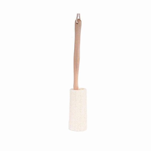 Natural loofah bath brush with hanging loop and round scrub pad on handle
