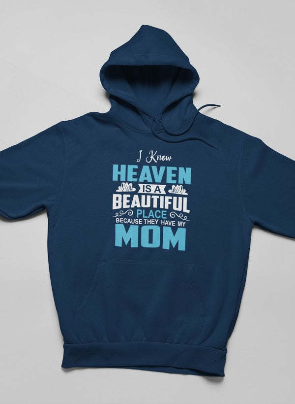 Navy pullover hoodie with hood up and front logo graphic and kangaroo pocket