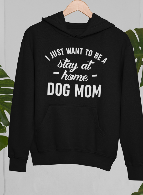 Black dog mom hoodie with 'DOG MOM' text graphic and hood with drawcord
