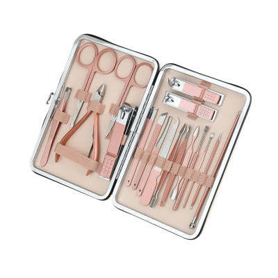 Manicure and pedicure tool set in hinged case with pink tools and nail buffers