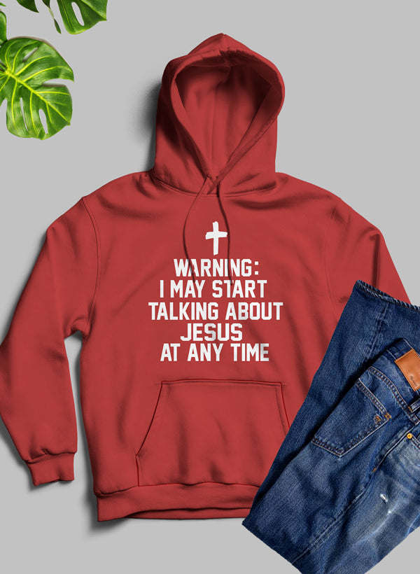 Red hoodie with front pocket, hood, white cross, and warning text graphic