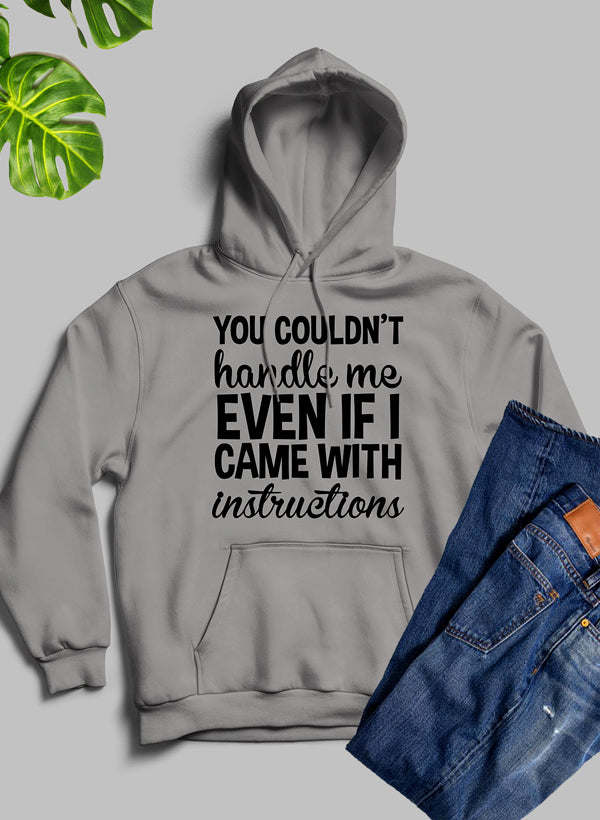 Light gray hoodie with front text graphic and kangaroo pocket