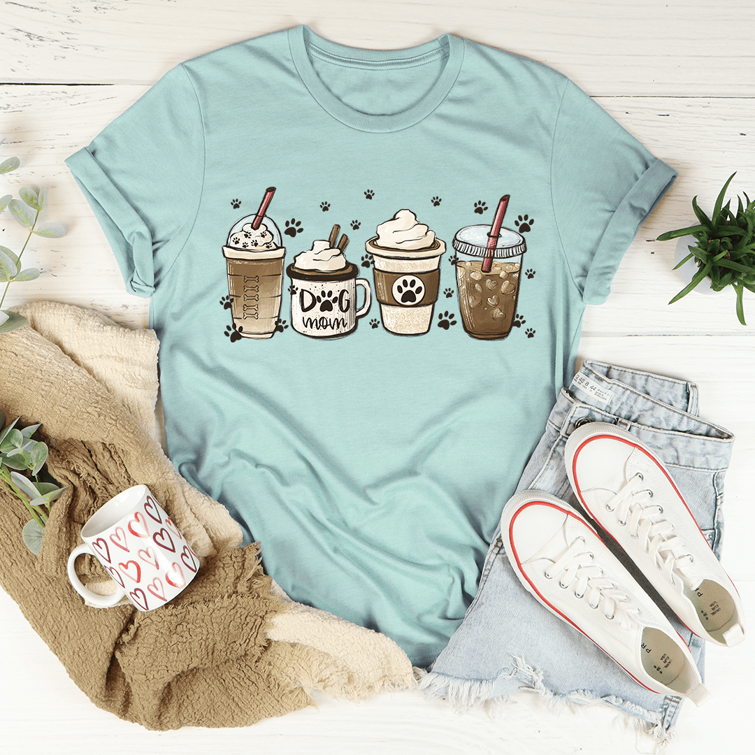 Teal dog mom fuel graphic tee with coffee drinks and paw prints