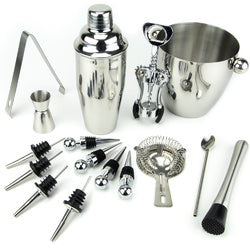 Stainless steel bar set with jigger, shaker, strainer, corkscrew and bar tools