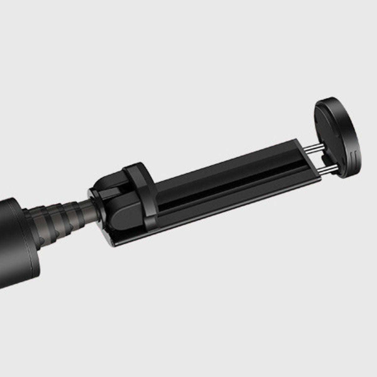 Black mini selfie stick with adjustable phone mount bracket.