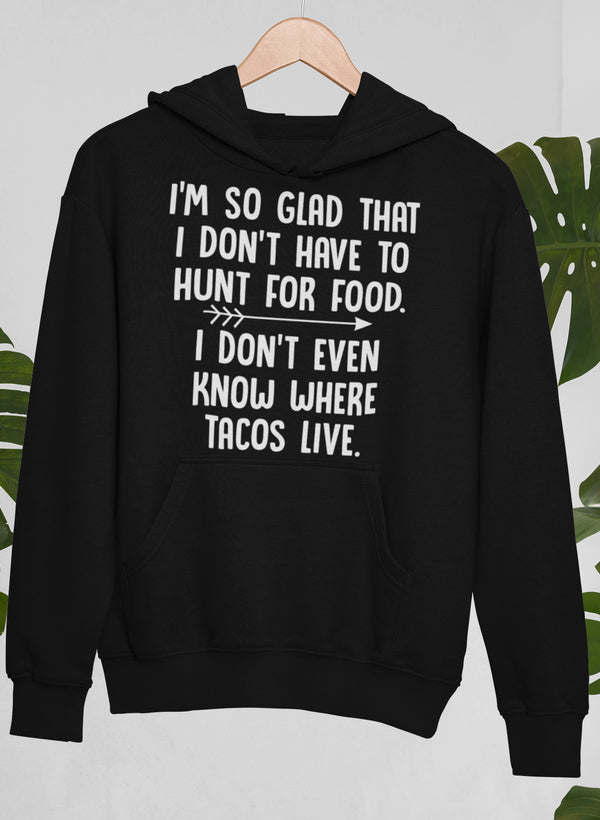Black hoodie with front kangaroo pocket and white quote graphic on chest