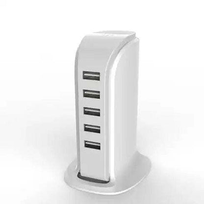 White power tower charger with vertical face and five USB ports on the front