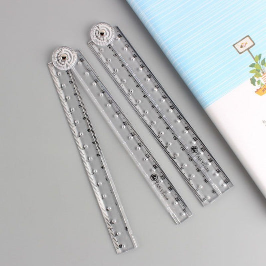 Set of 2 clear plastic folding rulers with metric markings and circular measuring ends