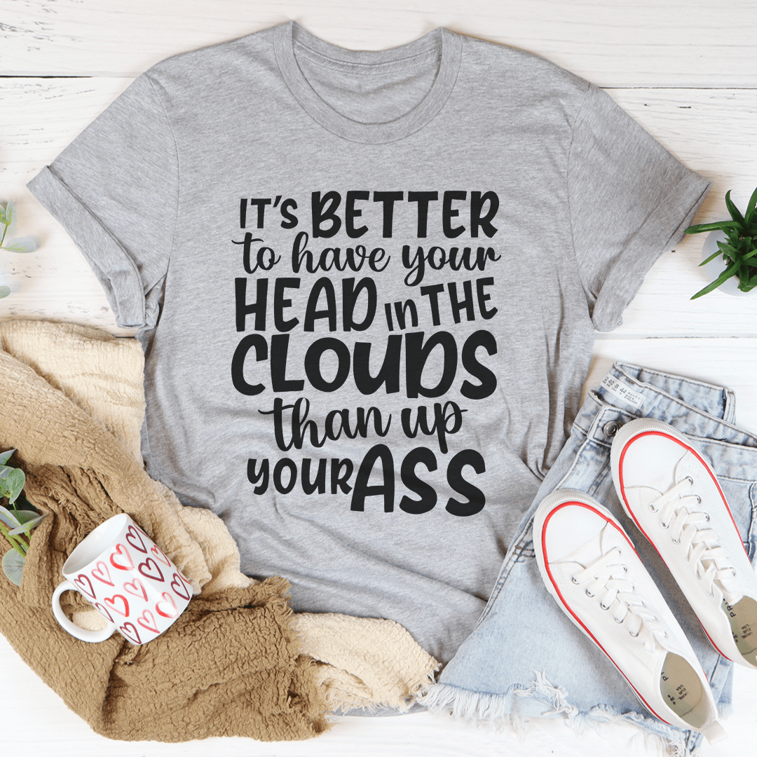 Athletic heather gray T-shirt with cloud quote text graphic at center chest, crew neck.