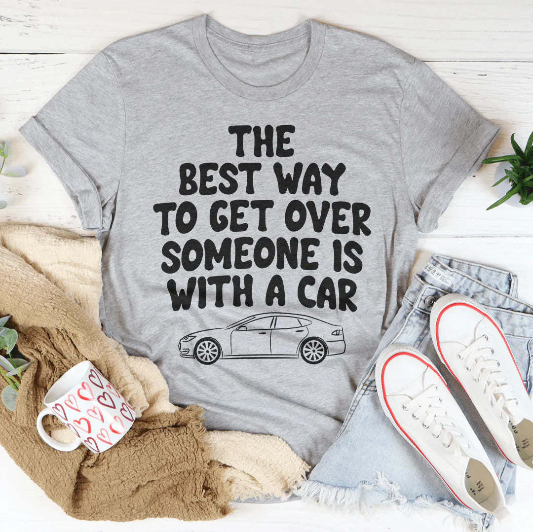 Gray heather graphic car slogan T-shirt, crew neck short sleeves