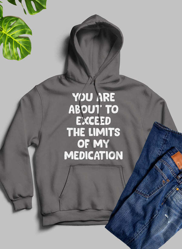 Dark heather hoodie with front pouch pocket and bold text graphic, long sleeves.