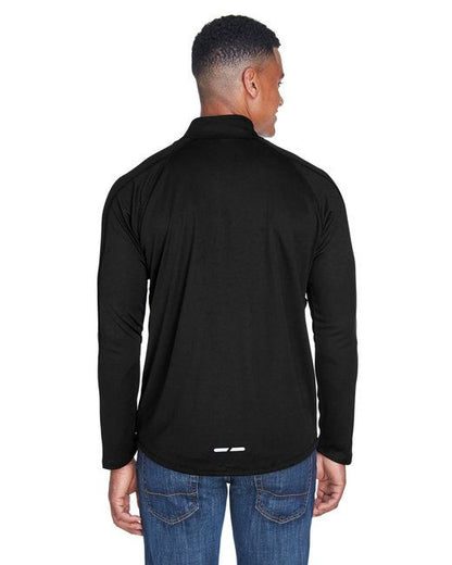 Men's black quarter-zip long-sleeve top, back view, with blue side trim