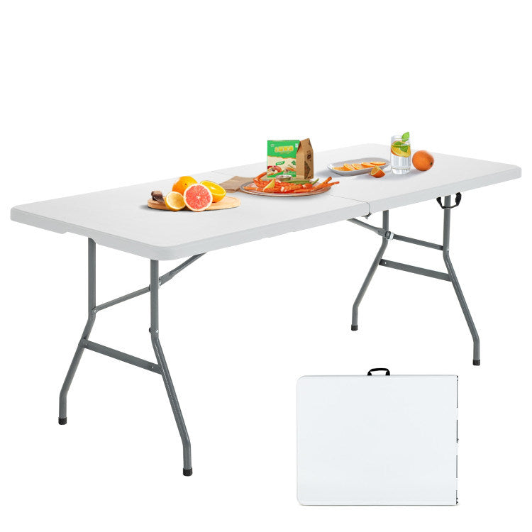 White portable folding camping table with gray metal legs and carrying case handle