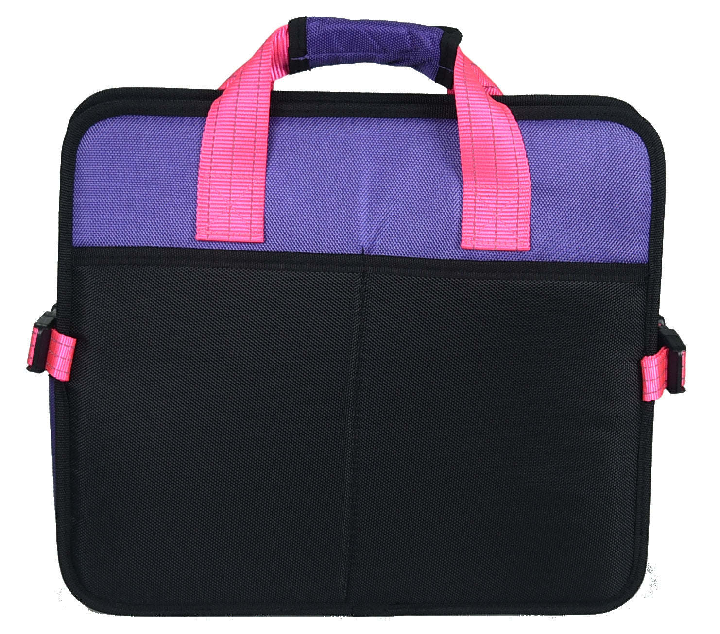Folded pet travel bed, purple top and black front panel with pink carry handles